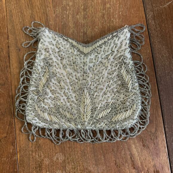 Vintage Silver Ivory 50s‎ 60s Le Regale Glass Beaded Clutch Evening Purse - Picture 6 of 8